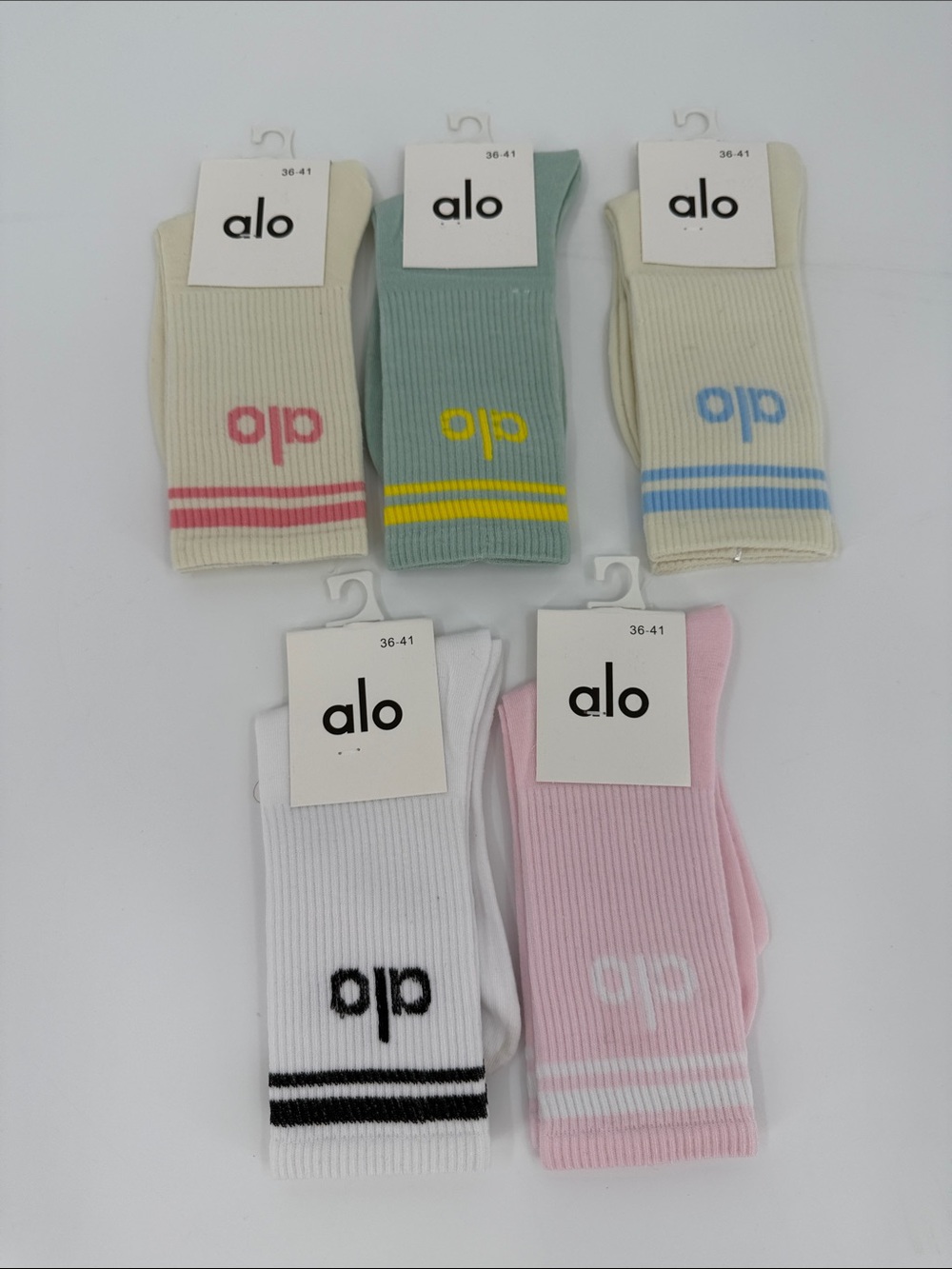 ALO Yoga Ribbed Crew Socks — White, Pink, Mint, Cream with Stripes 5 pairs
